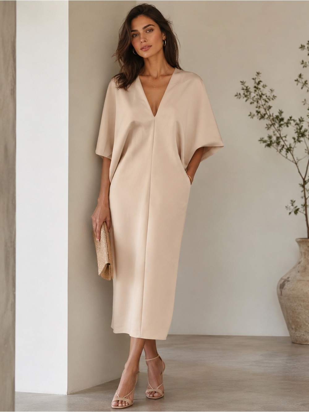Milly Minimalist Chic Cream V-Neck Midi Dress with Kimono Sleeves Size Small
